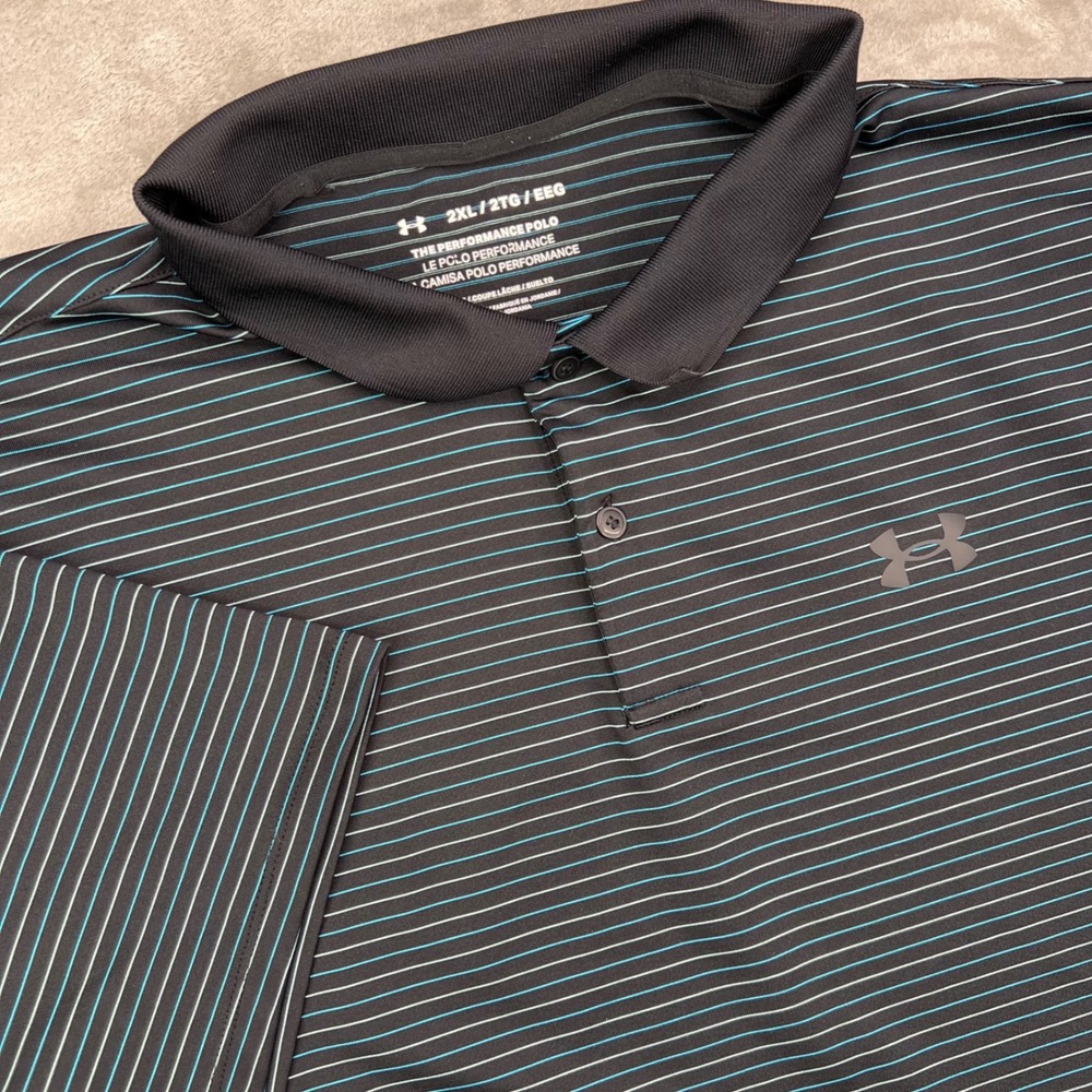 Under Armour Performance Polo Shirt Mens 2XL Black‎ Teal Striped Loose Fit Golf